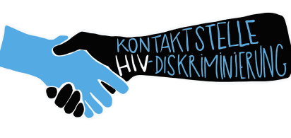 H&auml;ndesch&uuml;tteln einer blauen und einer schwarzen Hand mit der Aufschrift Kontaktstelle HIV-Diskriminierung