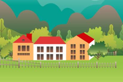 Grafik: drei Häuser hinter einem Zaun in einer grünen Landschaft