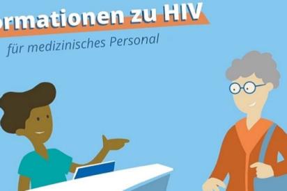 Gezeichnetes Bild einer Patientin, die in einer Arztpraxis am Empfang steht, darüber der Text "Informationen zu HIV für medizinisches Personal"